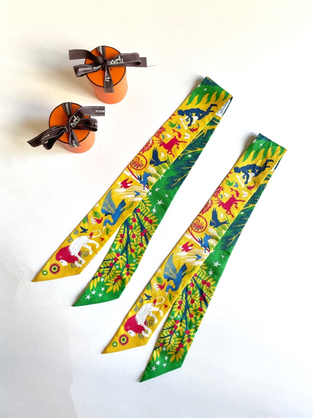 Hermès Set of 2 Twilly Scarves 100% Silk | Le Charme D’Orphee | Yellow & Green